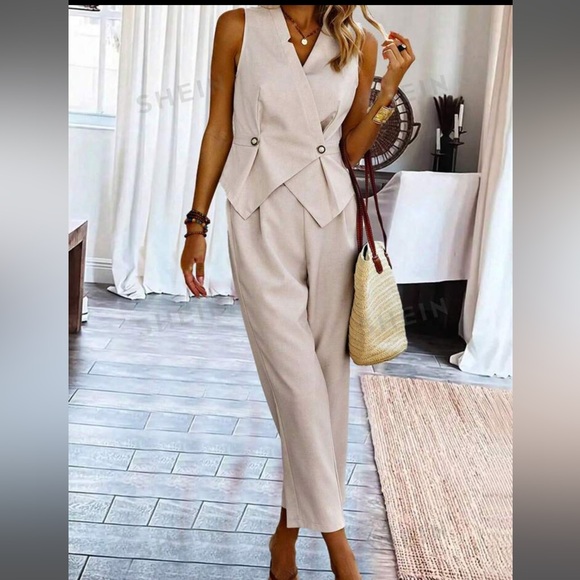 Apricot Suit Vest - Lightweight Solid Khaki Cream 2-Piece Pants Set Size 12 NWOT - Picture 2 of 13